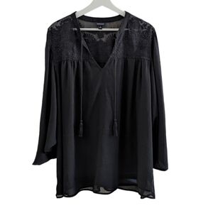 Torrid Black Sheer Georgette Lace Trim Yoke Blouse Top Tunic Plus Size 2X 2